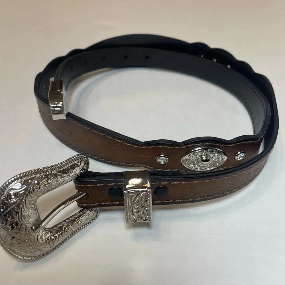 Belt women’s western with silver accents. Floral etched design. 43” long. Used. - Picture 1 of 8